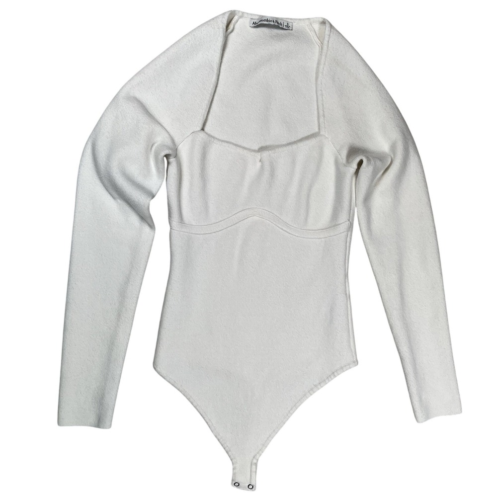 Abercrombie & Fitch Women's Cream Long-Sleeve Sweetheart Bodysuit Sz Small Thong